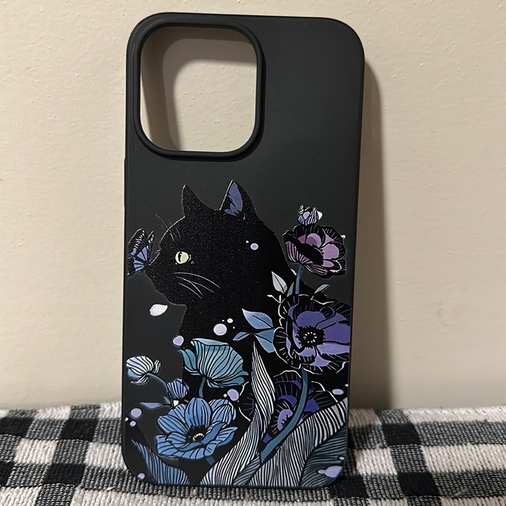 iPhone 14 Pro Max Black Cat/Flowers Protective Case~New!